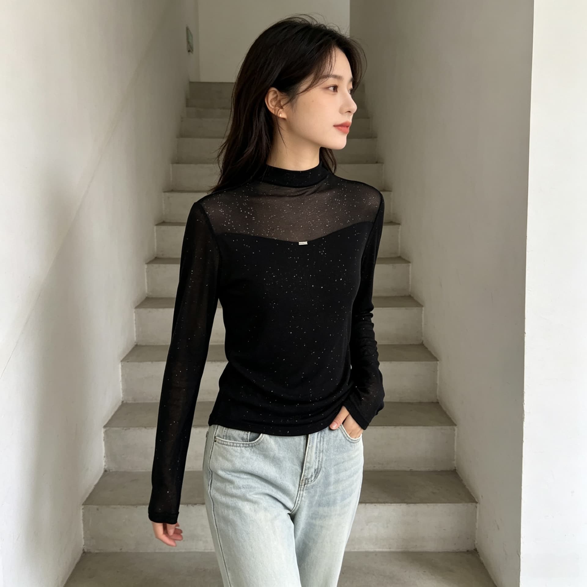 가을 신제품 레이스 기본 셔츠 여성 외국 가스 스탠드 칼라 한국 스타일 몸매 가꾸기 슬림해 보이는 품격 망사 인사이드 가져 가라. 긴팔 맨위 상세 이미지 11