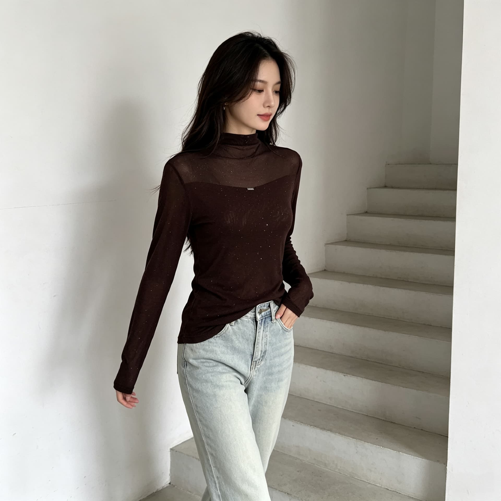 가을 신제품 레이스 기본 셔츠 여성 외국 가스 스탠드 칼라 한국 스타일 몸매 가꾸기 슬림해 보이는 품격 망사 인사이드 가져 가라. 긴팔 맨위 상세 이미지 12
