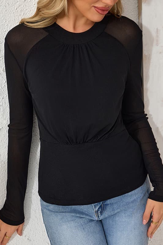 유럽과 미국 국경 간 여성 라운드 넥 긴팔 맨위 삽입 어깨 시스루 망사 소매 허리 수신 Pleat 몸매 가꾸기 적합한 일상 이미지 7