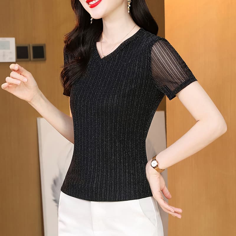 2026 신제품 레이스 망사 여름 품격 섹션 플래시 실크 망사 티셔츠 슬림해 보이는 다시 다용도 이미지 3