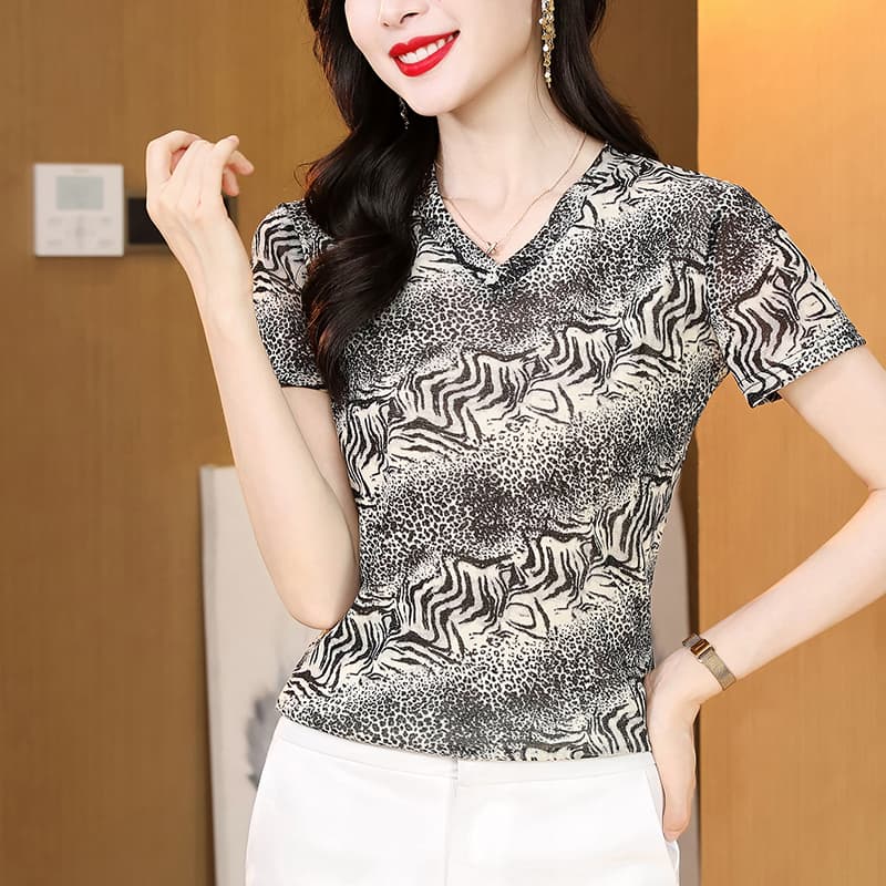 여름 새로운 망사 프린트 반팔 티셔츠 품격 다용도 높음 폭탄 도루 피하다. 표지 고기 여성 기본 셔츠 이미지 5