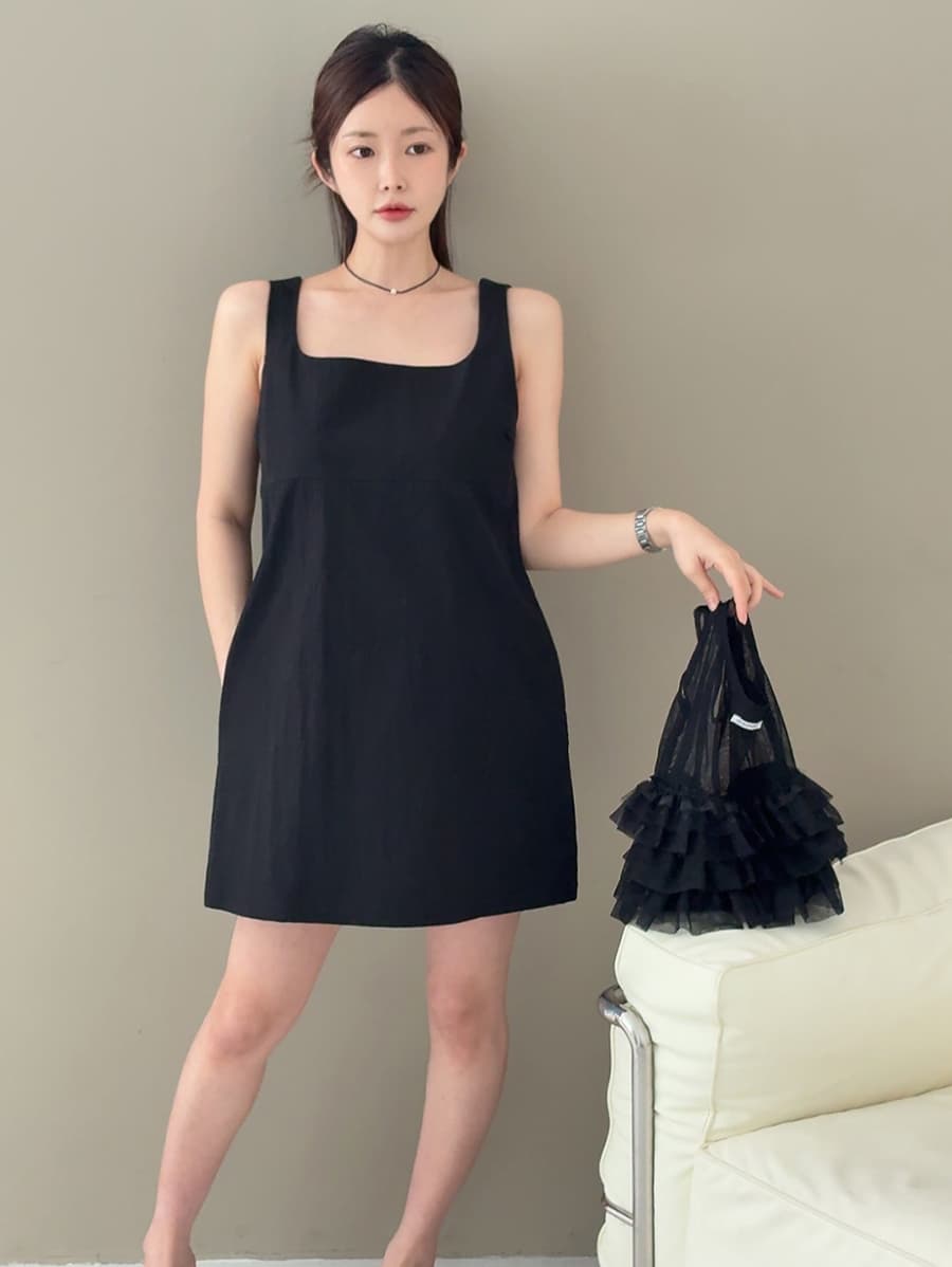 있음 선적 미니멀리즘 청 신당 칼라 루즈핏 민소매 조끼 원피스 상세 이미지 4