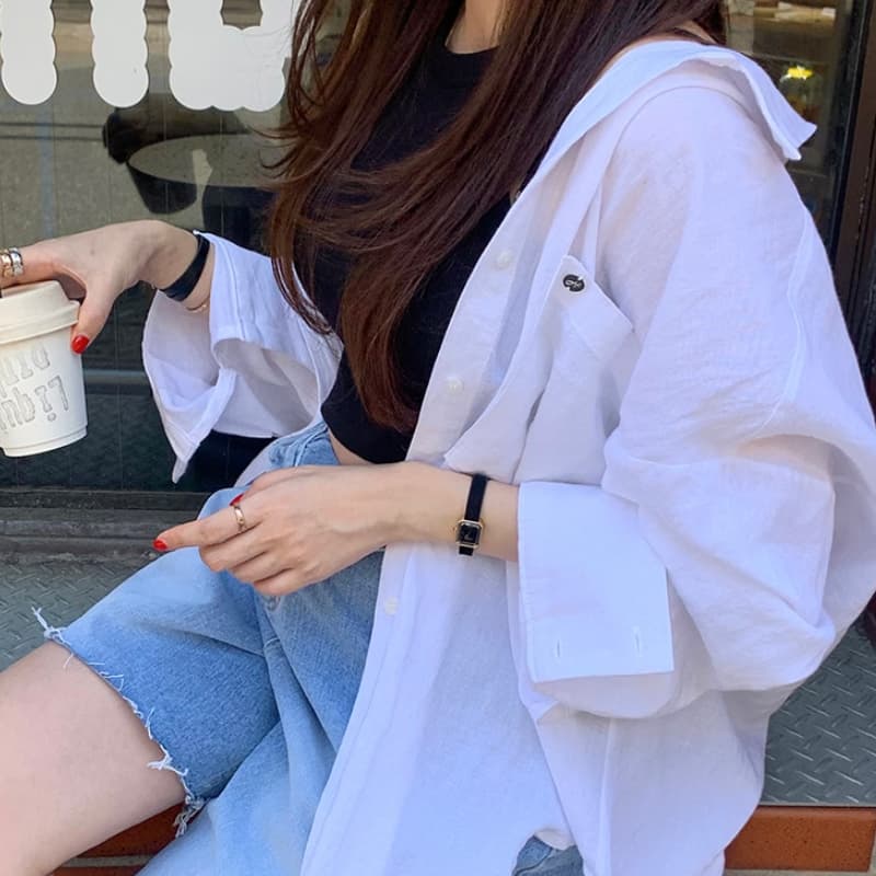 있음 선적 폴로 칼라 싱글 줄 버튼 루즈핏 긴팔 카디건 코트 셔츠 이미지 2