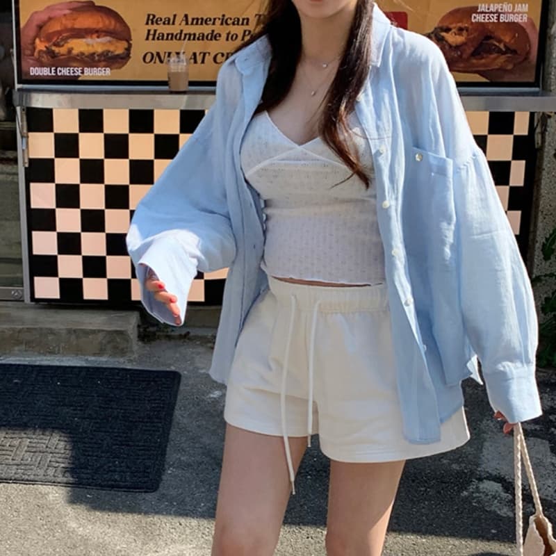 있음 선적 폴로 칼라 싱글 줄 버튼 루즈핏 긴팔 카디건 코트 셔츠 이미지 4