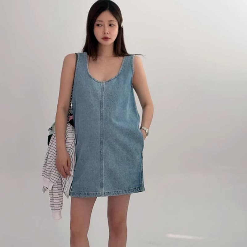 있음 선적 조끼 스커트 워싱 블루 루즈핏 작은 키 a 글꼴 민소매 데님 여성 드레스 이미지 3