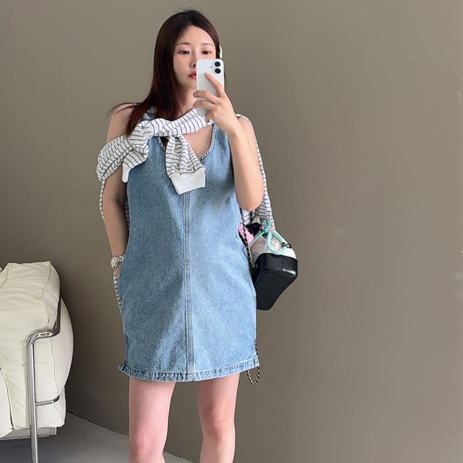 있음 선적 조끼 스커트 워싱 블루 루즈핏 작은 키 a 글꼴 민소매 데님 여성 드레스 상세 이미지 1