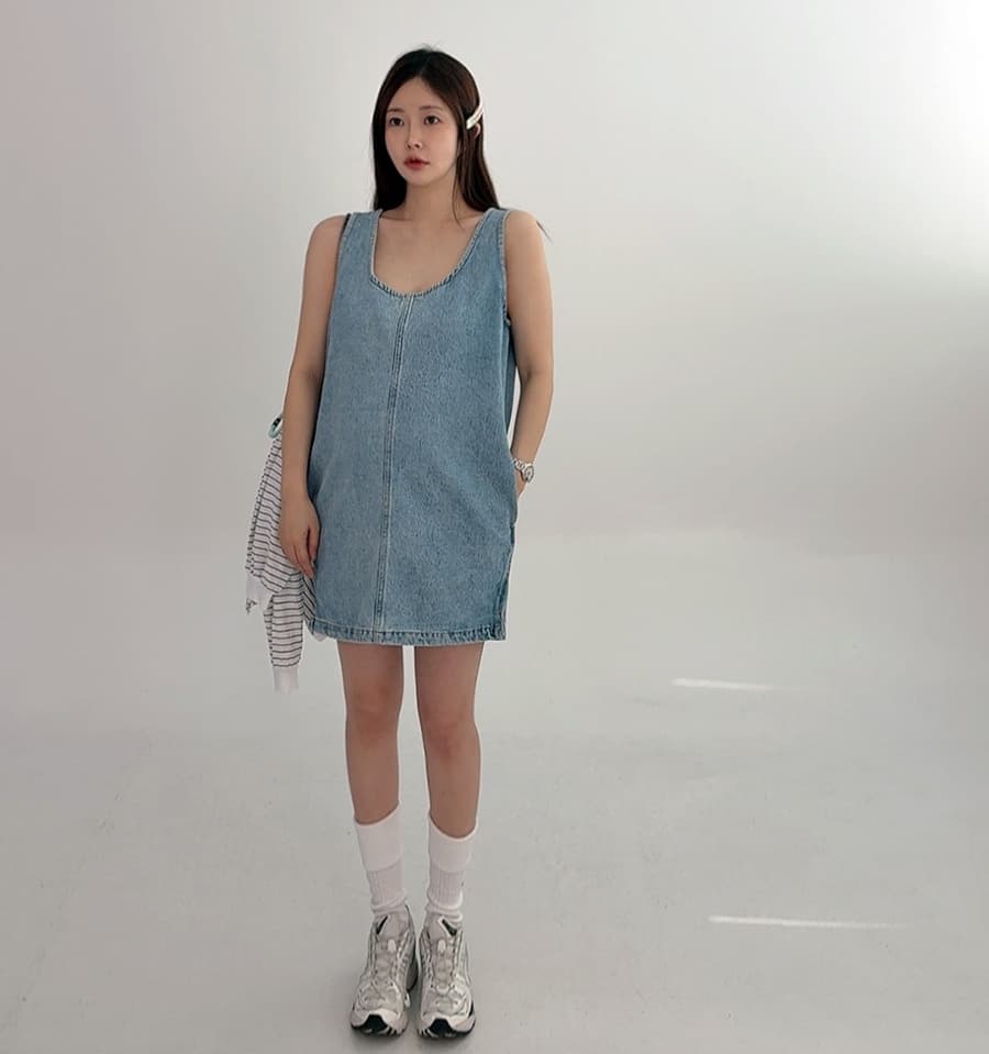 있음 선적 조끼 스커트 워싱 블루 루즈핏 작은 키 a 글꼴 민소매 데님 여성 드레스 상세 이미지 2
