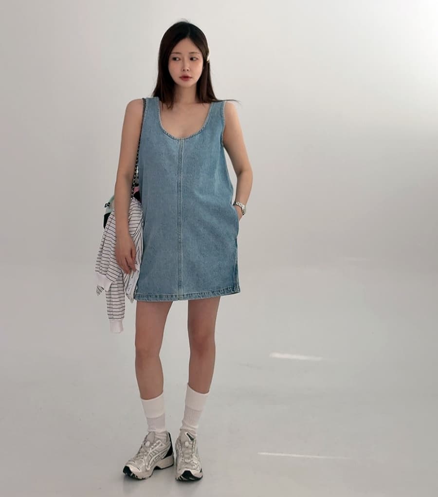 있음 선적 조끼 스커트 워싱 블루 루즈핏 작은 키 a 글꼴 민소매 데님 여성 드레스 상세 이미지 3
