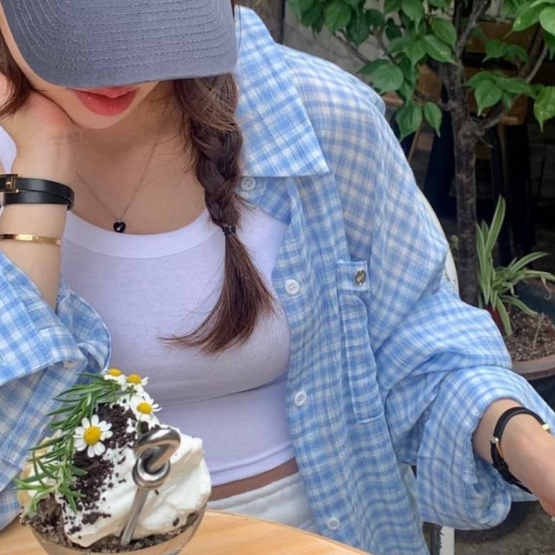 있음 선적 캐주얼 루즈핏 다용도 긴팔 작은 격자 셔츠 맨위