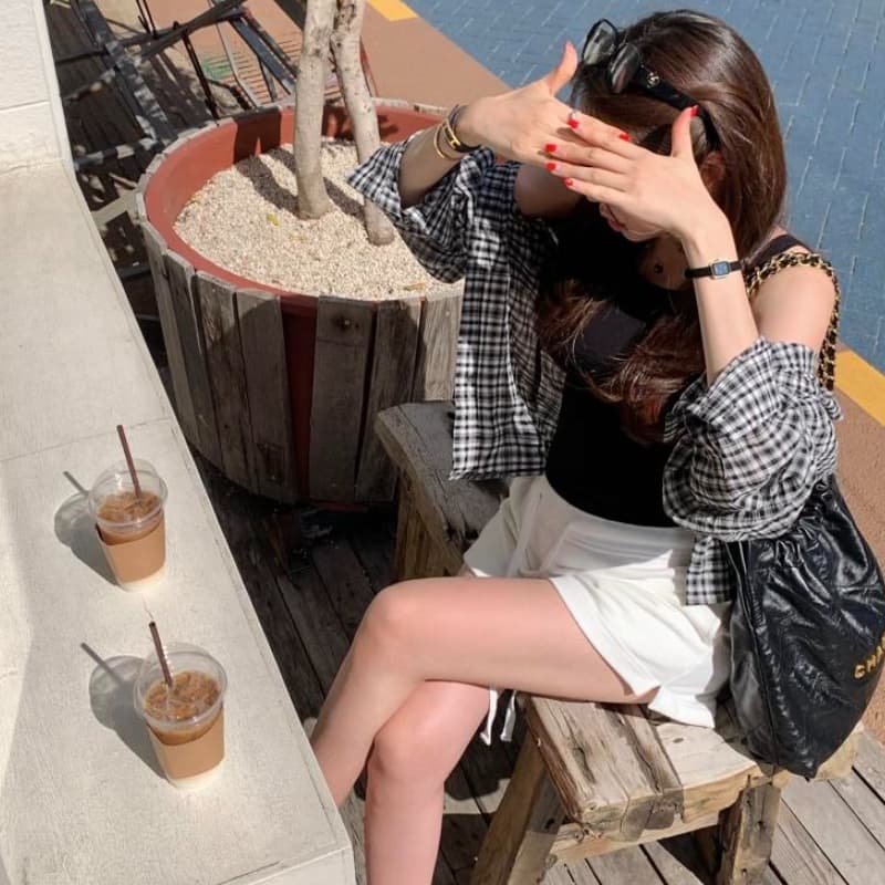 있음 선적 캐주얼 루즈핏 다용도 긴팔 작은 격자 셔츠 맨위 이미지 4