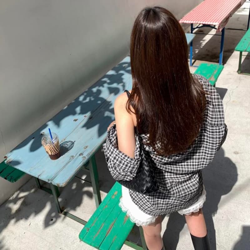 있음 선적 캐주얼 루즈핏 다용도 긴팔 작은 격자 셔츠 맨위 이미지 5