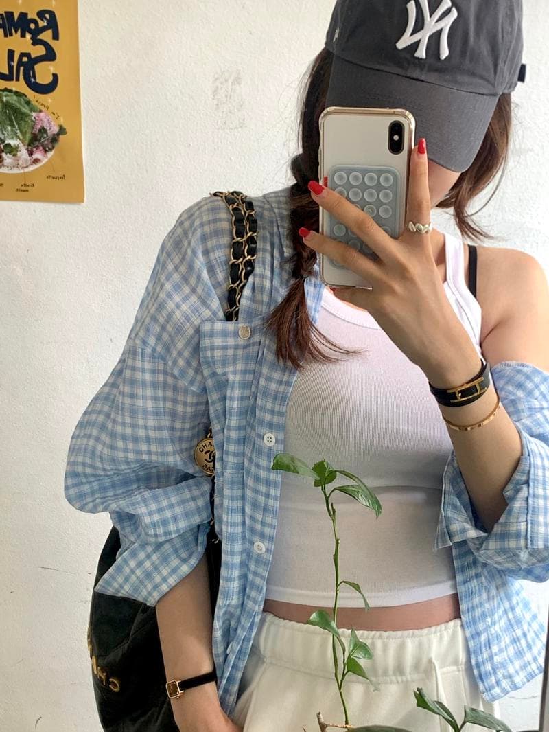 있음 선적 캐주얼 루즈핏 다용도 긴팔 작은 격자 셔츠 맨위 상세 이미지 1