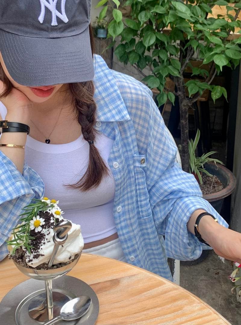 있음 선적 캐주얼 루즈핏 다용도 긴팔 작은 격자 셔츠 맨위 상세 이미지 12