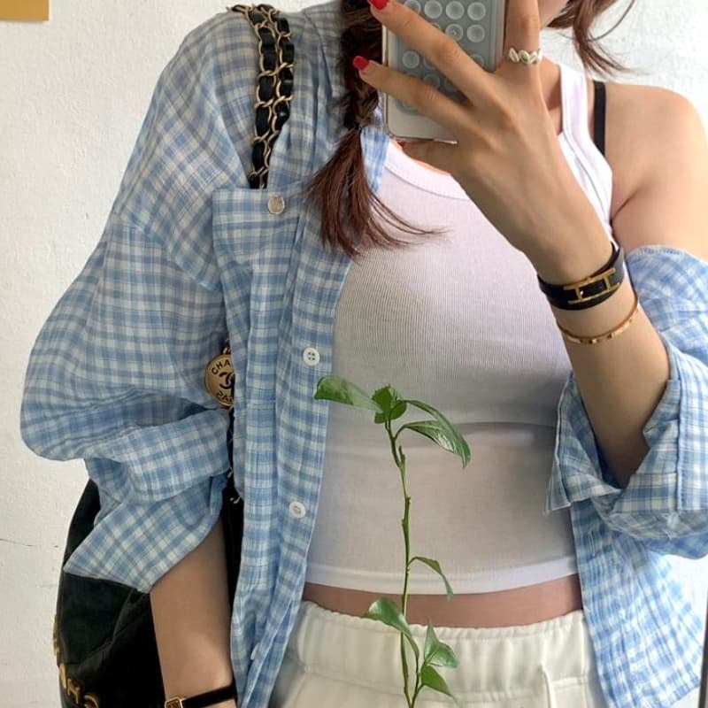 있음 선적 캐주얼 루즈핏 다용도 긴팔 작은 격자 셔츠 맨위 이미지 3