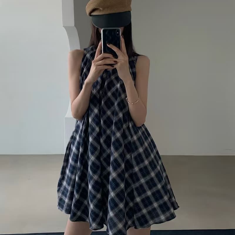 있음 선적 여름 새로운 패치워크 색상 체크무늬 고급 민소매 드레스 이미지 5