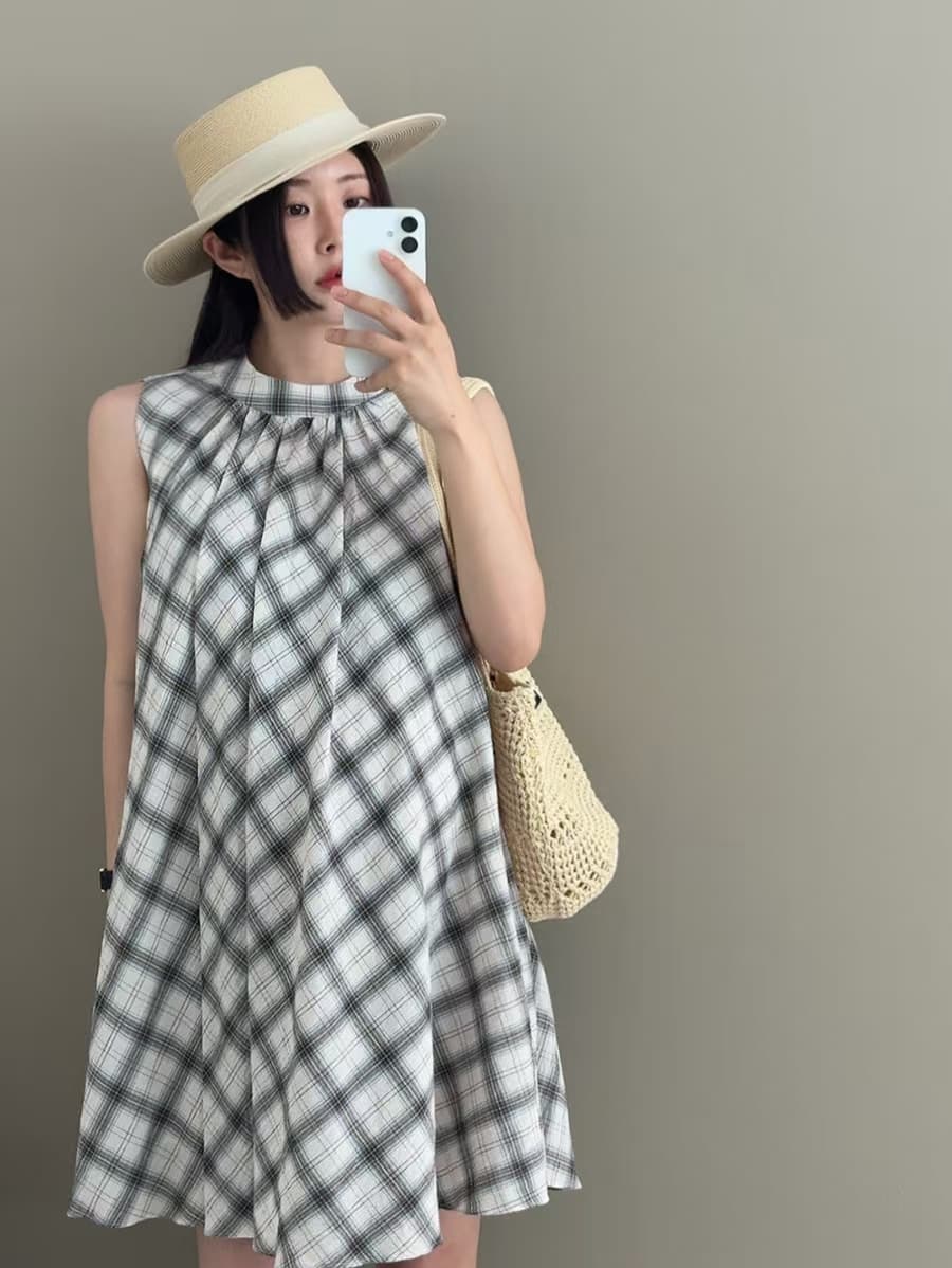 있음 선적 여름 새로운 패치워크 색상 체크무늬 고급 민소매 드레스 상세 이미지 12