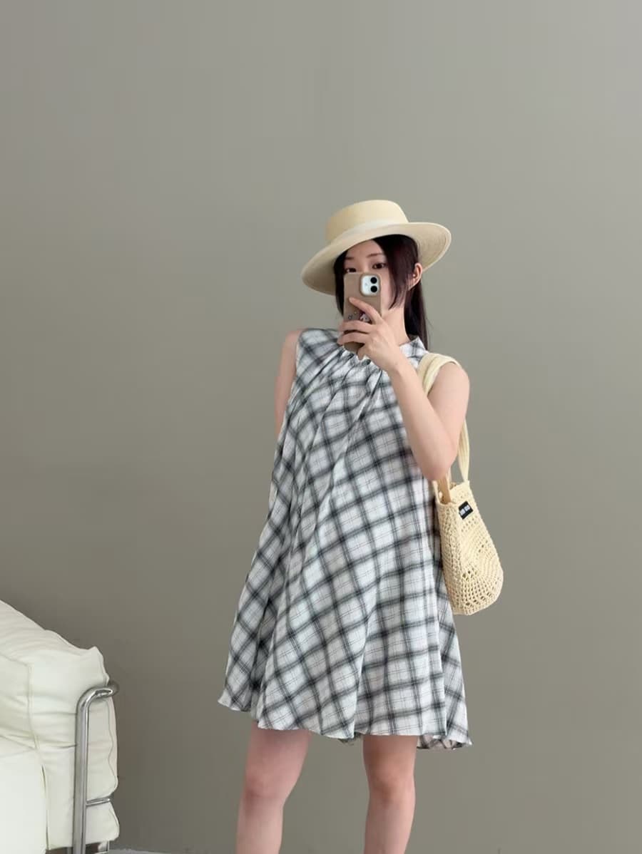 있음 선적 여름 새로운 패치워크 색상 체크무늬 고급 민소매 드레스 상세 이미지 20