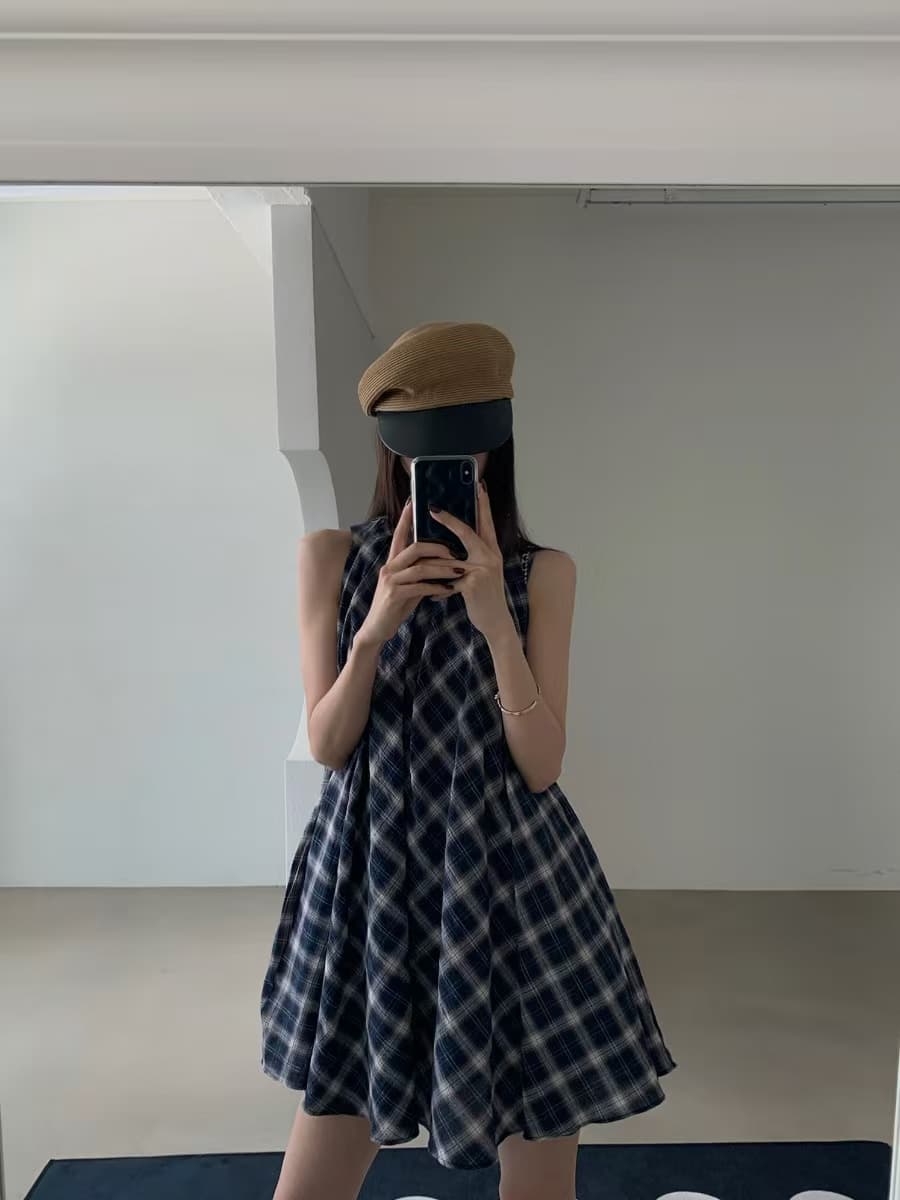 있음 선적 여름 새로운 패치워크 색상 체크무늬 고급 민소매 드레스 상세 이미지 22
