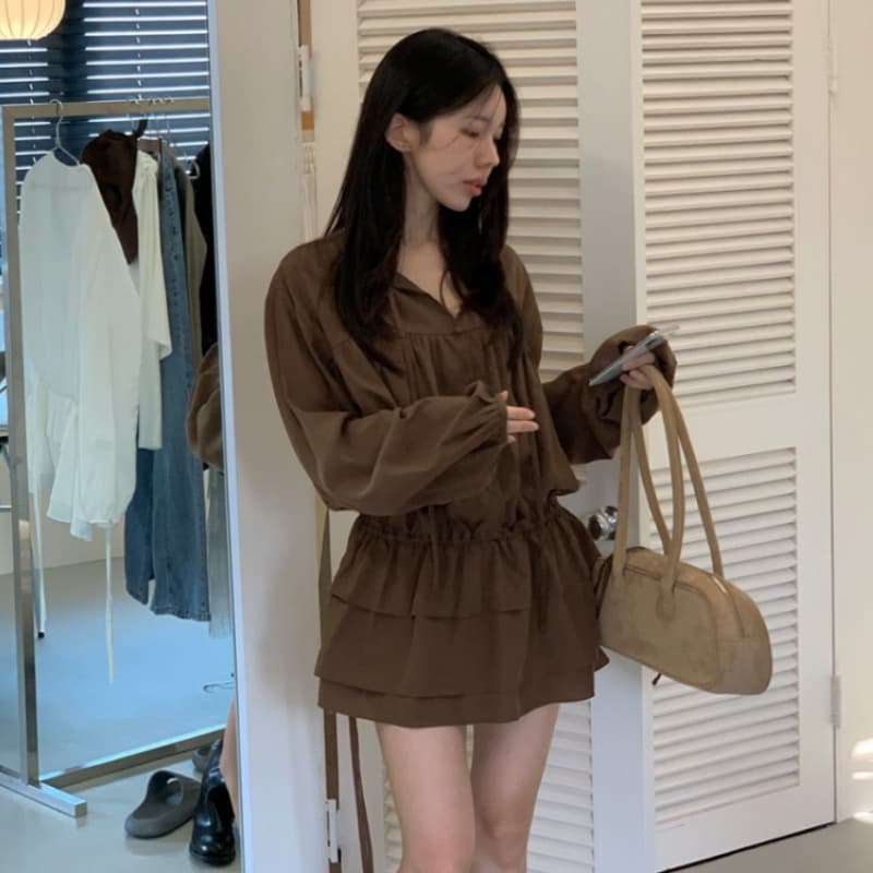 있음 선적 V넥 레이스업 허리 수축 프릴 셔츠 드레스 미니 스커트 이미지 5