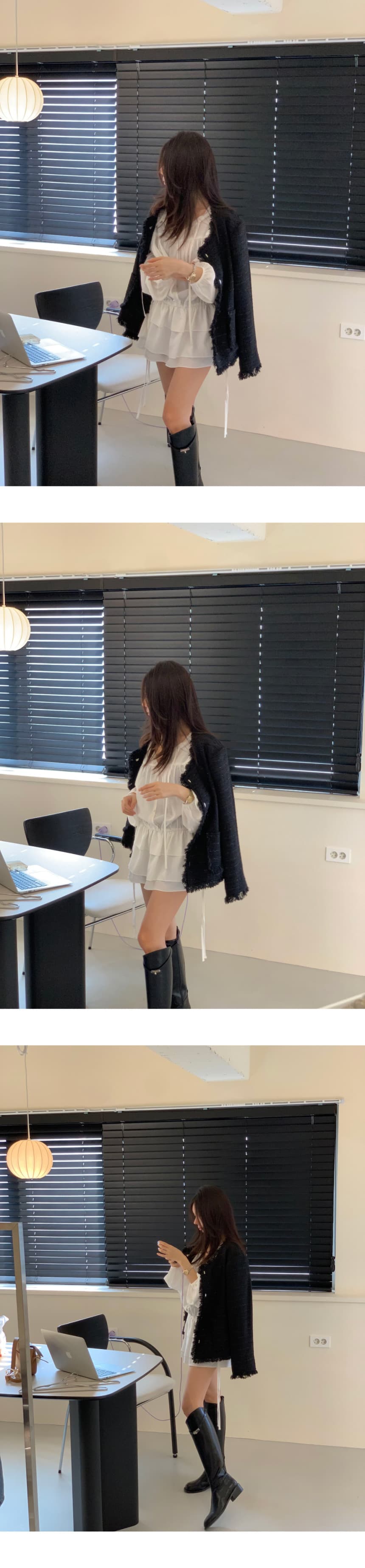 있음 선적 V넥 레이스업 허리 수축 프릴 셔츠 드레스 미니 스커트 상세 이미지 1
