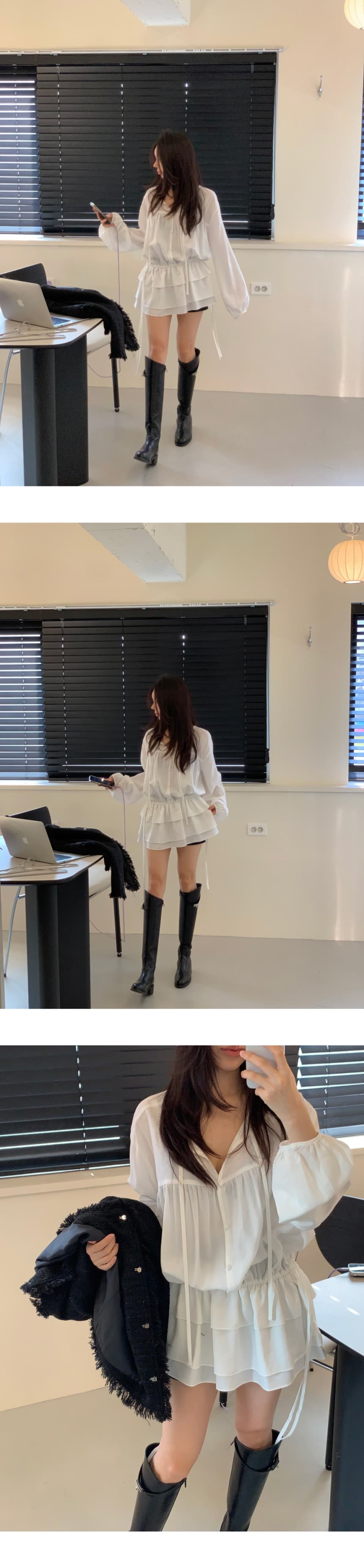 있음 선적 V넥 레이스업 허리 수축 프릴 셔츠 드레스 미니 스커트 상세 이미지 2