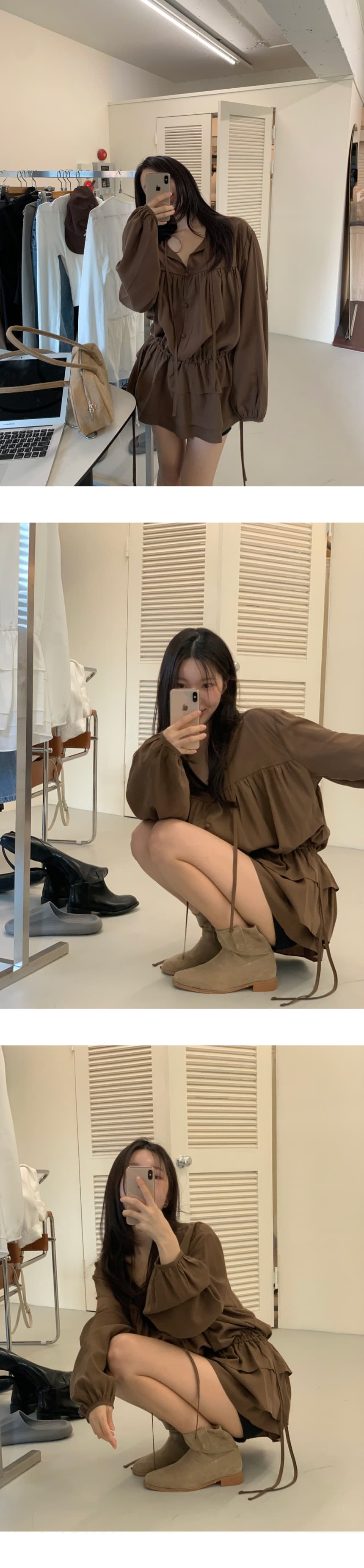있음 선적 V넥 레이스업 허리 수축 프릴 셔츠 드레스 미니 스커트 상세 이미지 7