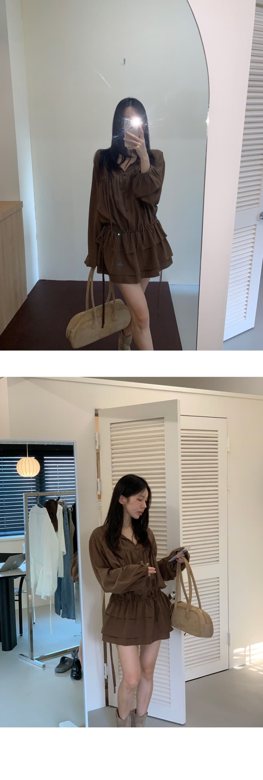 있음 선적 V넥 레이스업 허리 수축 프릴 셔츠 드레스 미니 스커트 상세 이미지 9