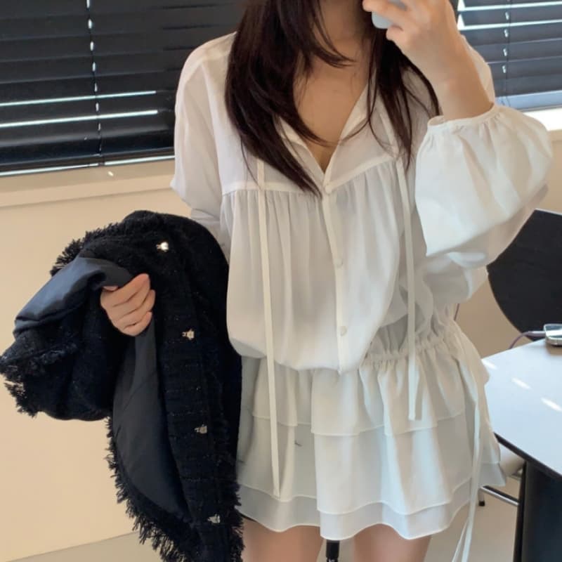 있음 선적 V넥 레이스업 허리 수축 프릴 셔츠 드레스 미니 스커트 이미지 3