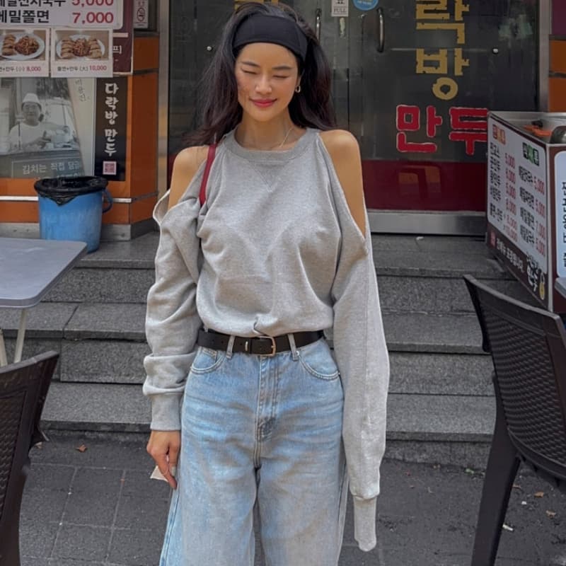 있음 선적 라운드 넥 홀로우 아웃 오프숄더 긴팔 후드티 여성 이미지 4