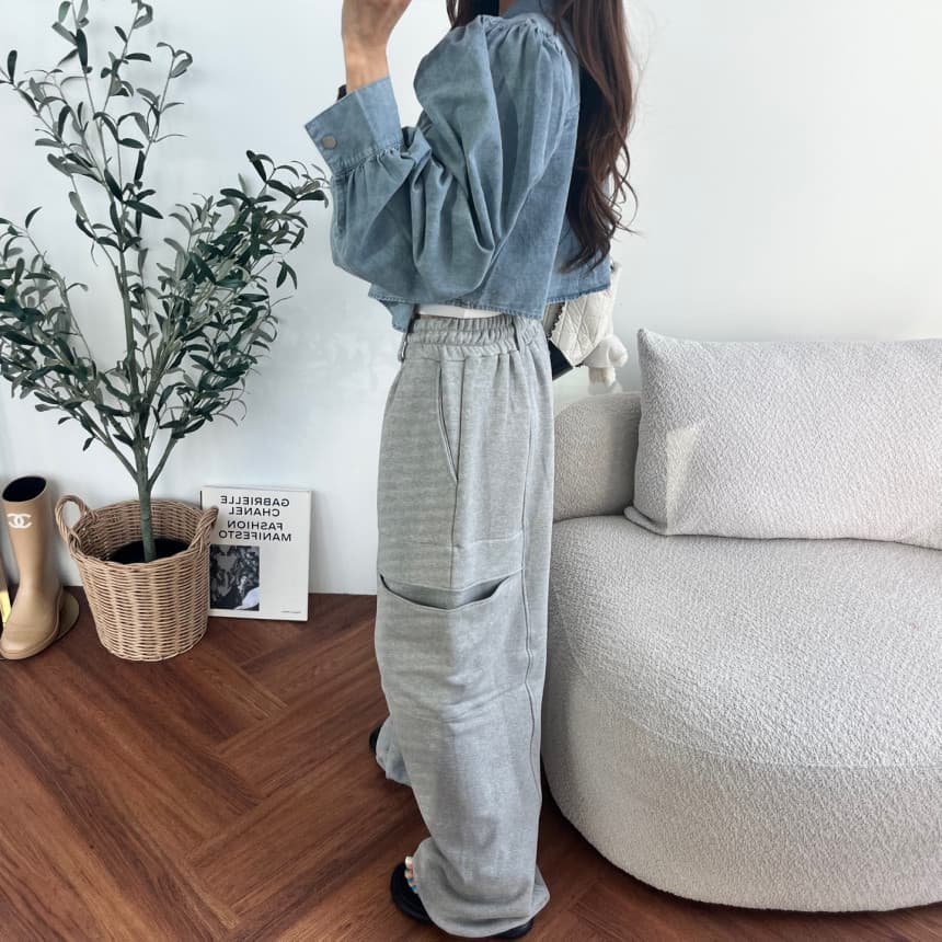 있음 선적 빅 포켓 허리밴드 넓은 다리 캐주얼 웨이 바지 여성 상세 이미지 20