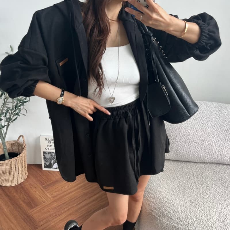 있음 선적 매트 벨벳 수트 루즈핏 후드 맨위 재킷 허리밴드 반바지 투피스 세트 이미지 4