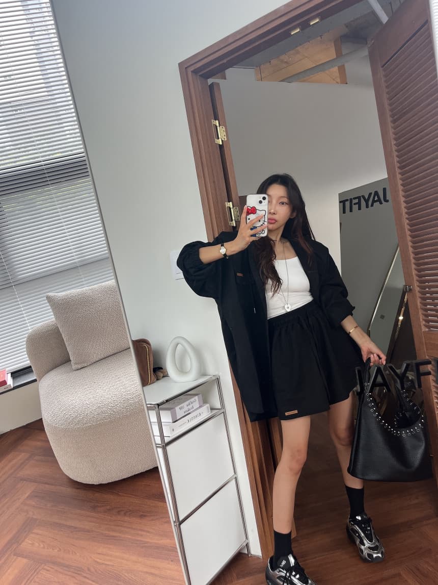 있음 선적 매트 벨벳 수트 루즈핏 후드 맨위 재킷 허리밴드 반바지 투피스 세트 상세 이미지 3