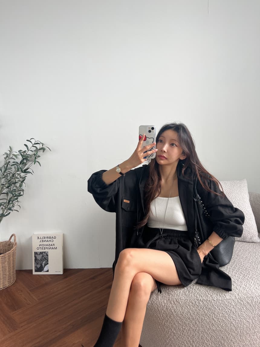 있음 선적 매트 벨벳 수트 루즈핏 후드 맨위 재킷 허리밴드 반바지 투피스 세트 상세 이미지 12