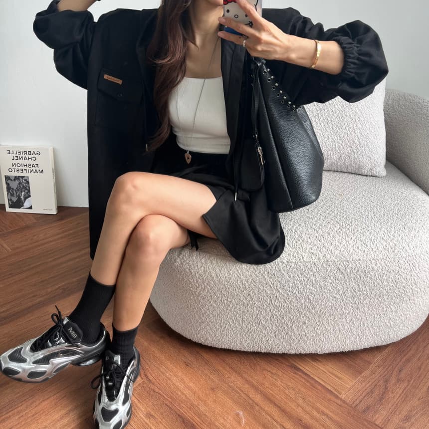있음 선적 매트 벨벳 수트 루즈핏 후드 맨위 재킷 허리밴드 반바지 투피스 세트 상세 이미지 16