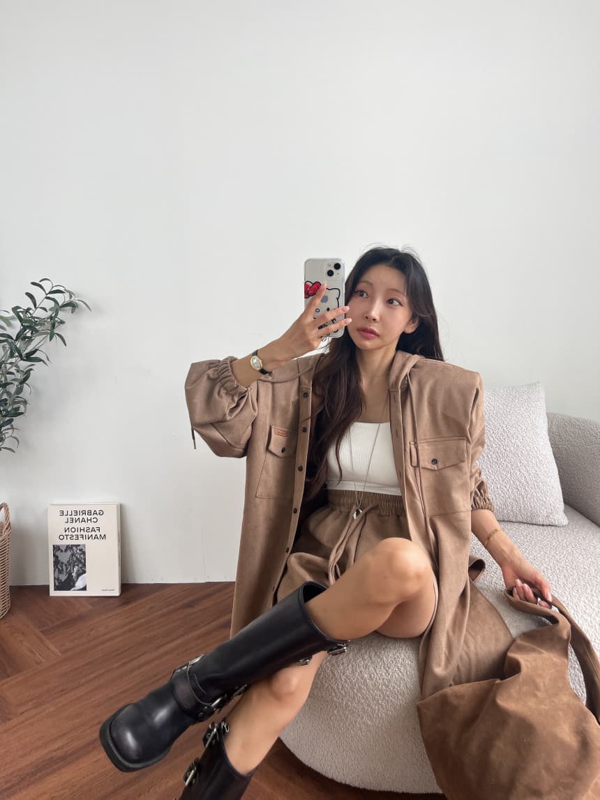 있음 선적 매트 벨벳 수트 루즈핏 후드 맨위 재킷 허리밴드 반바지 투피스 세트 상세 이미지 23