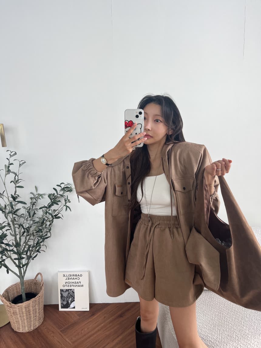 있음 선적 매트 벨벳 수트 루즈핏 후드 맨위 재킷 허리밴드 반바지 투피스 세트 상세 이미지 25
