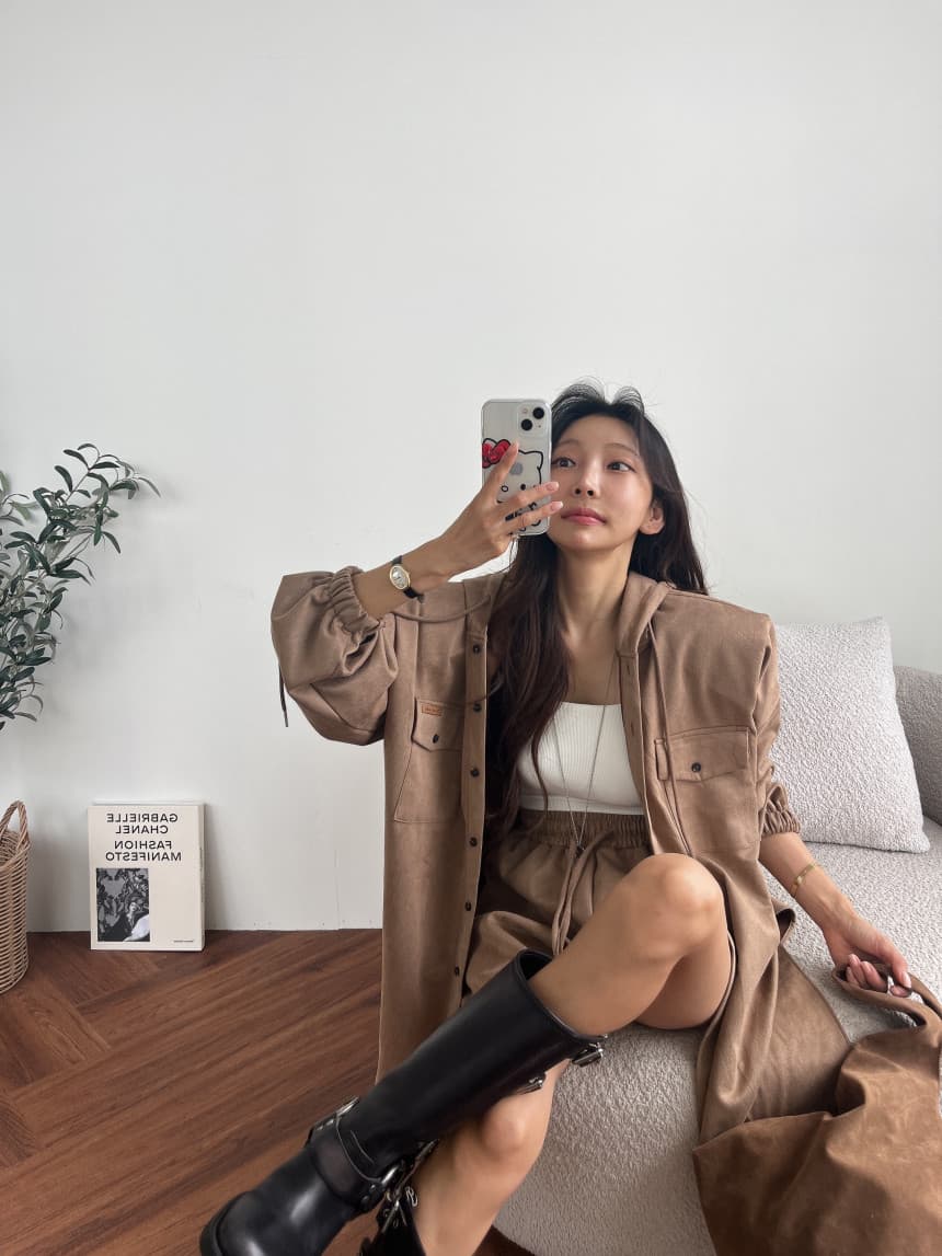 있음 선적 매트 벨벳 수트 루즈핏 후드 맨위 재킷 허리밴드 반바지 투피스 세트 상세 이미지 27