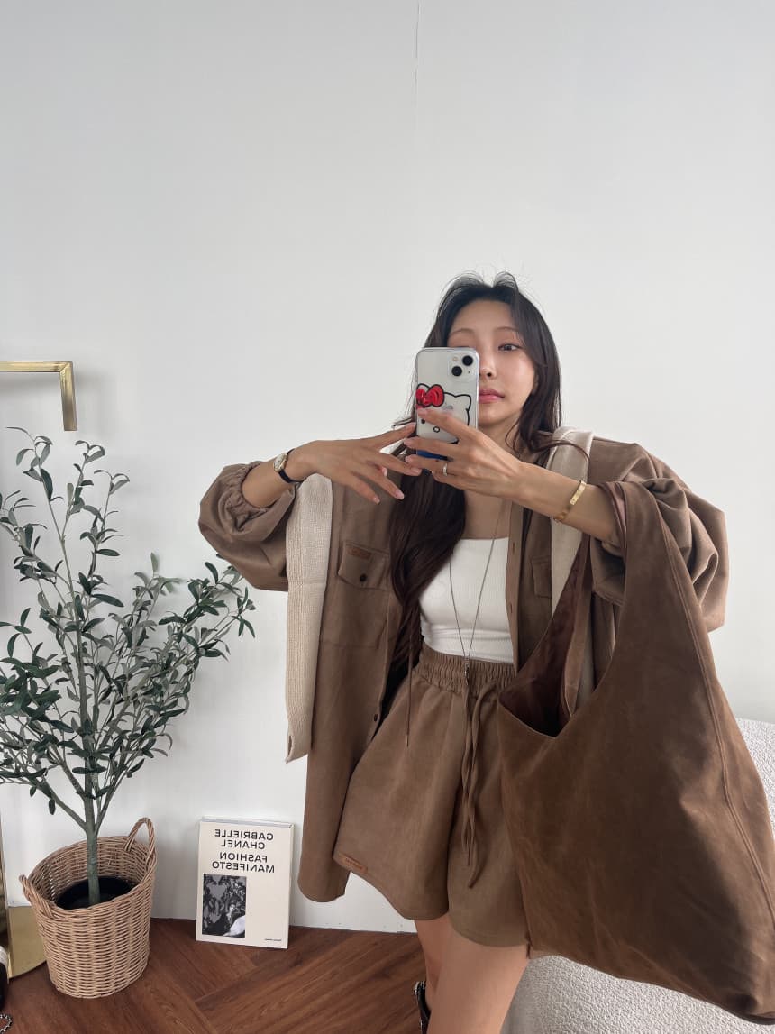 있음 선적 매트 벨벳 수트 루즈핏 후드 맨위 재킷 허리밴드 반바지 투피스 세트 상세 이미지 31