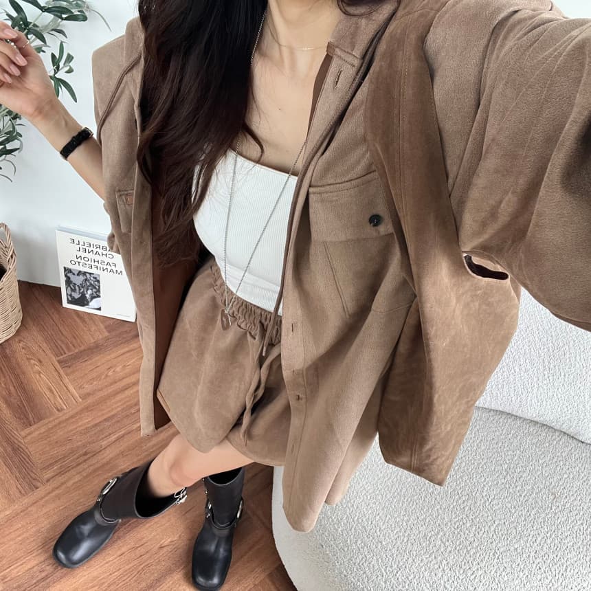 있음 선적 매트 벨벳 수트 루즈핏 후드 맨위 재킷 허리밴드 반바지 투피스 세트 상세 이미지 35