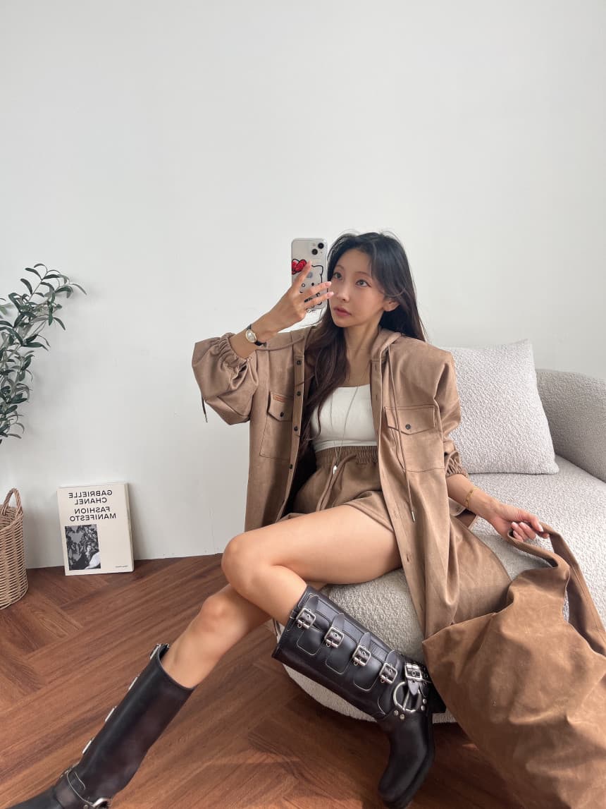 있음 선적 매트 벨벳 수트 루즈핏 후드 맨위 재킷 허리밴드 반바지 투피스 세트 상세 이미지 37