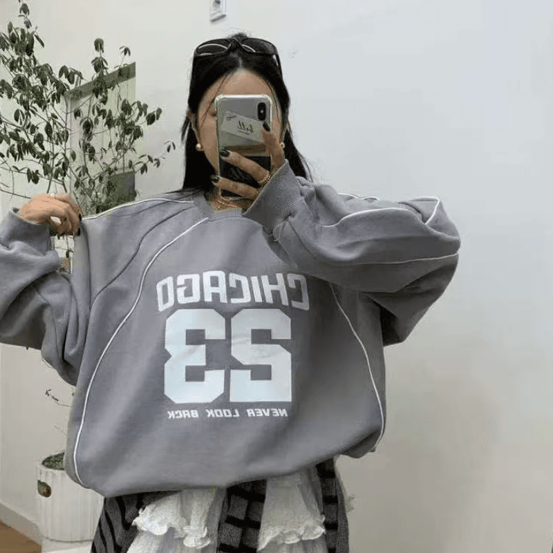 있음 선적 다용도 루즈핏 캐주얼 숫자 프린트 라운드 넥 펌프 로프 슬리브 머리 후드티 이미지 2
