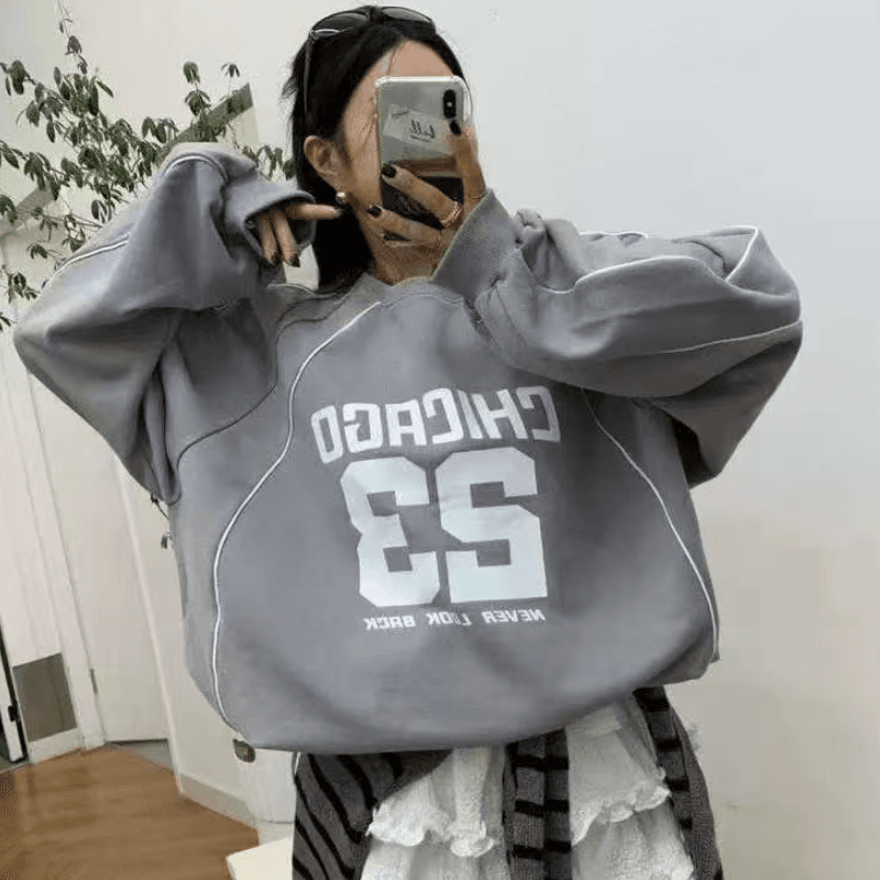 있음 선적 다용도 루즈핏 캐주얼 숫자 프린트 라운드 넥 펌프 로프 슬리브 머리 후드티 이미지 4