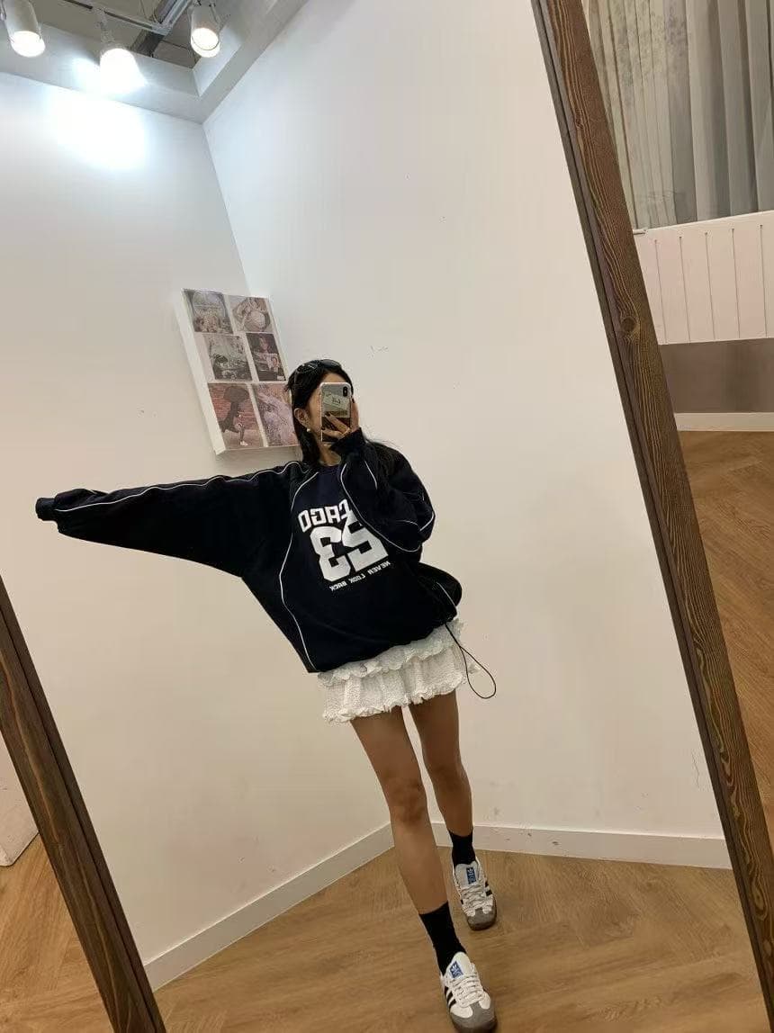 있음 선적 다용도 루즈핏 캐주얼 숫자 프린트 라운드 넥 펌프 로프 슬리브 머리 후드티 상세 이미지 9