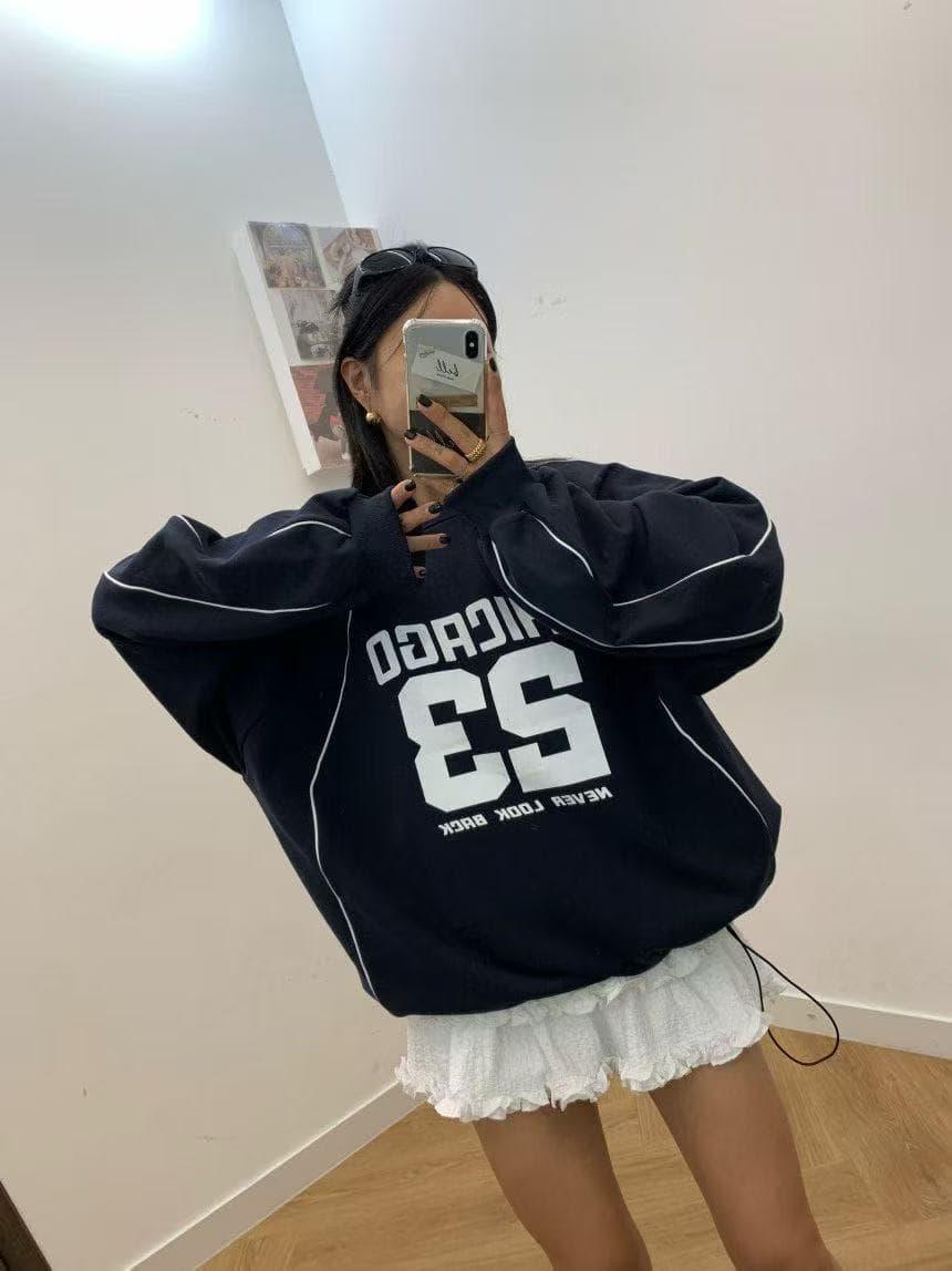 있음 선적 다용도 루즈핏 캐주얼 숫자 프린트 라운드 넥 펌프 로프 슬리브 머리 후드티 상세 이미지 12