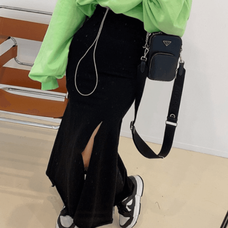 있음 선적 단색 허리밴드 패치워크 디자인 인어 꼬리 반신 스커트 롱 스커트 이미지 4