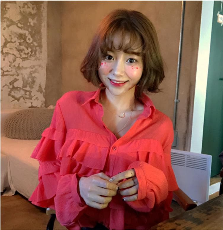 있음 선적 귀여운 추가 점수 슈퍼 아름다움 청각 장애인 달콤함 작은 여자 프릴 셔츠 이미지 4