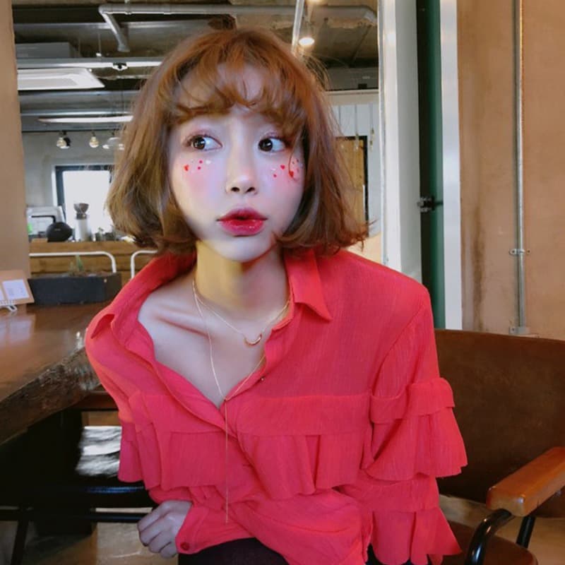 있음 선적 귀여운 추가 점수 슈퍼 아름다움 청각 장애인 달콤함 작은 여자 프릴 셔츠 이미지 5