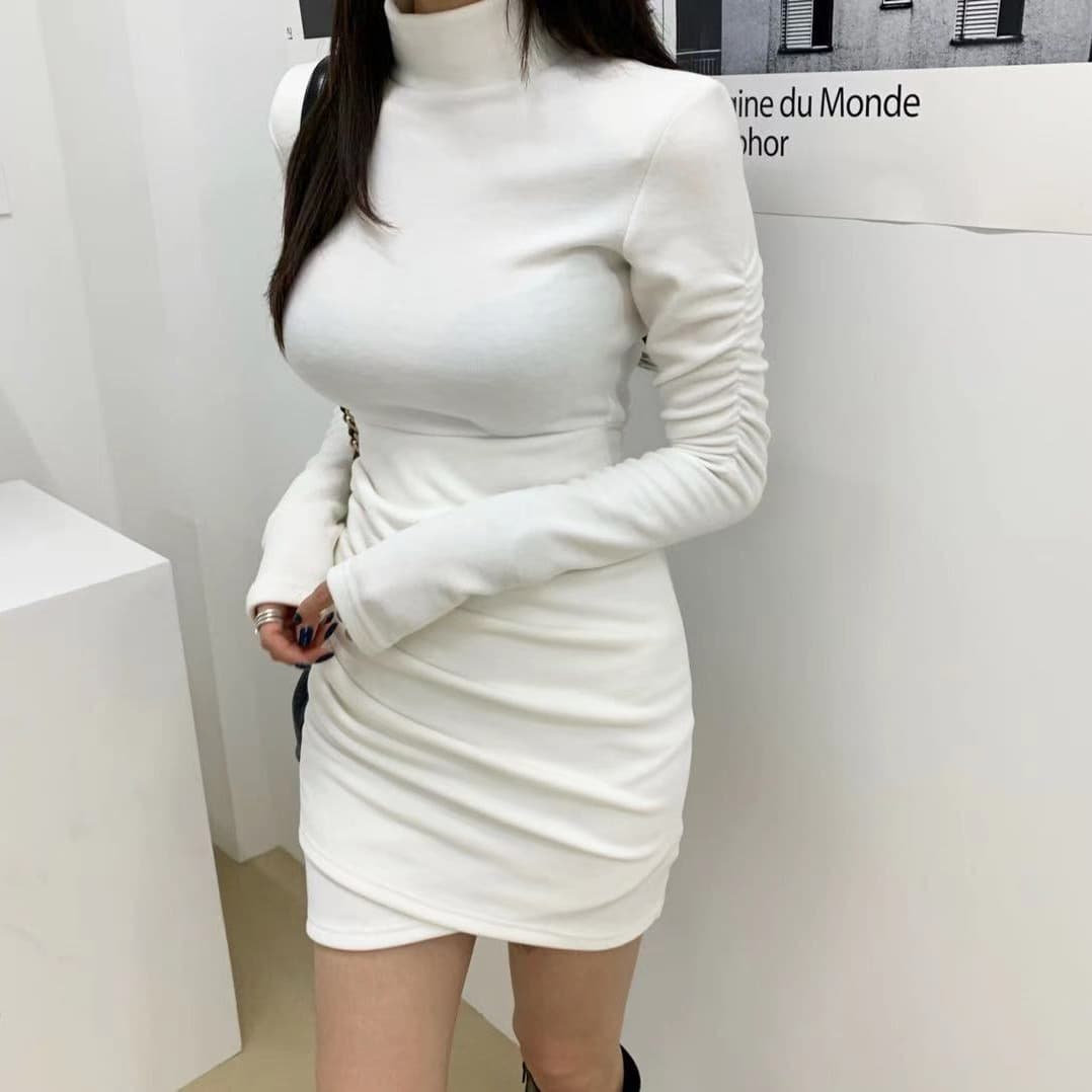 있음 선적 주름 몸매 가꾸기 드레스 터틀넥 타이트 스커트 화이트 인사이드 가져 가라. 타이트 스커트