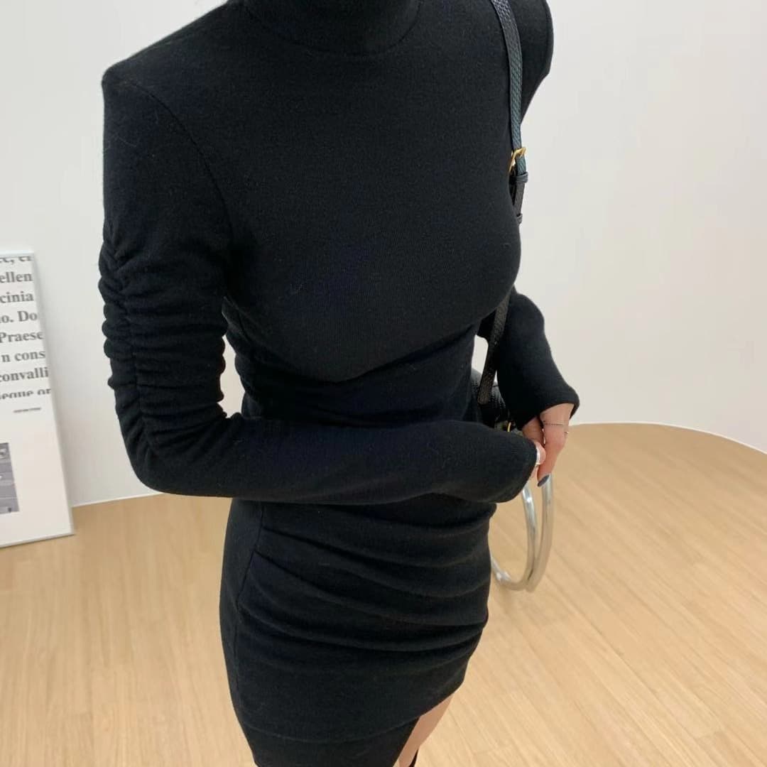 있음 선적 주름 몸매 가꾸기 드레스 터틀넥 타이트 스커트 화이트 인사이드 가져 가라. 타이트 스커트 이미지 5