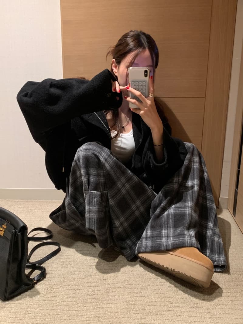 있음 선적 새로운 ins 패션 출퇴근 모직 체크무늬 허리밴드 넓은 다리 캐주얼 바지 상세 이미지 10